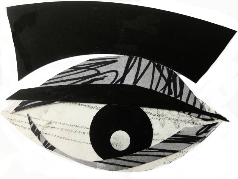 Black and white eye, made with collaged papers.