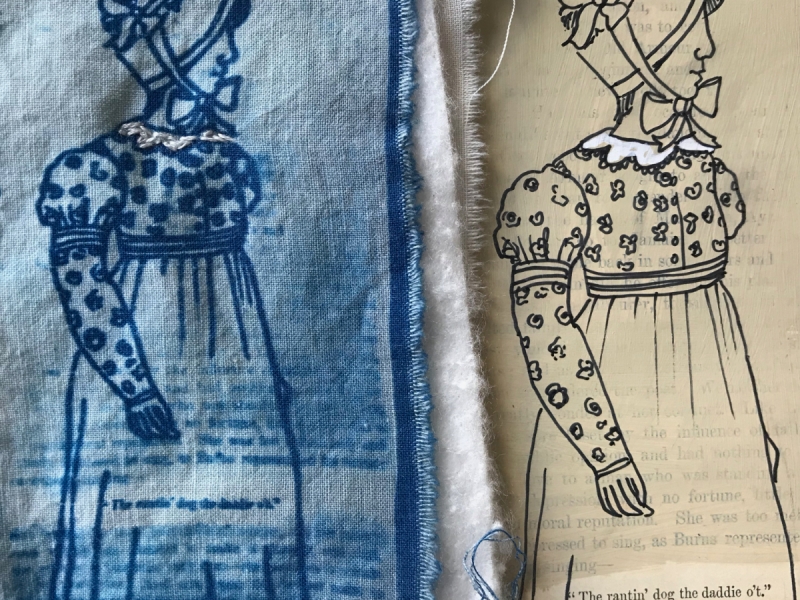 Vintage textiles printed with one of artist Lois Blackburn's drawings. Part of her family tree project. Created with cyanotype.